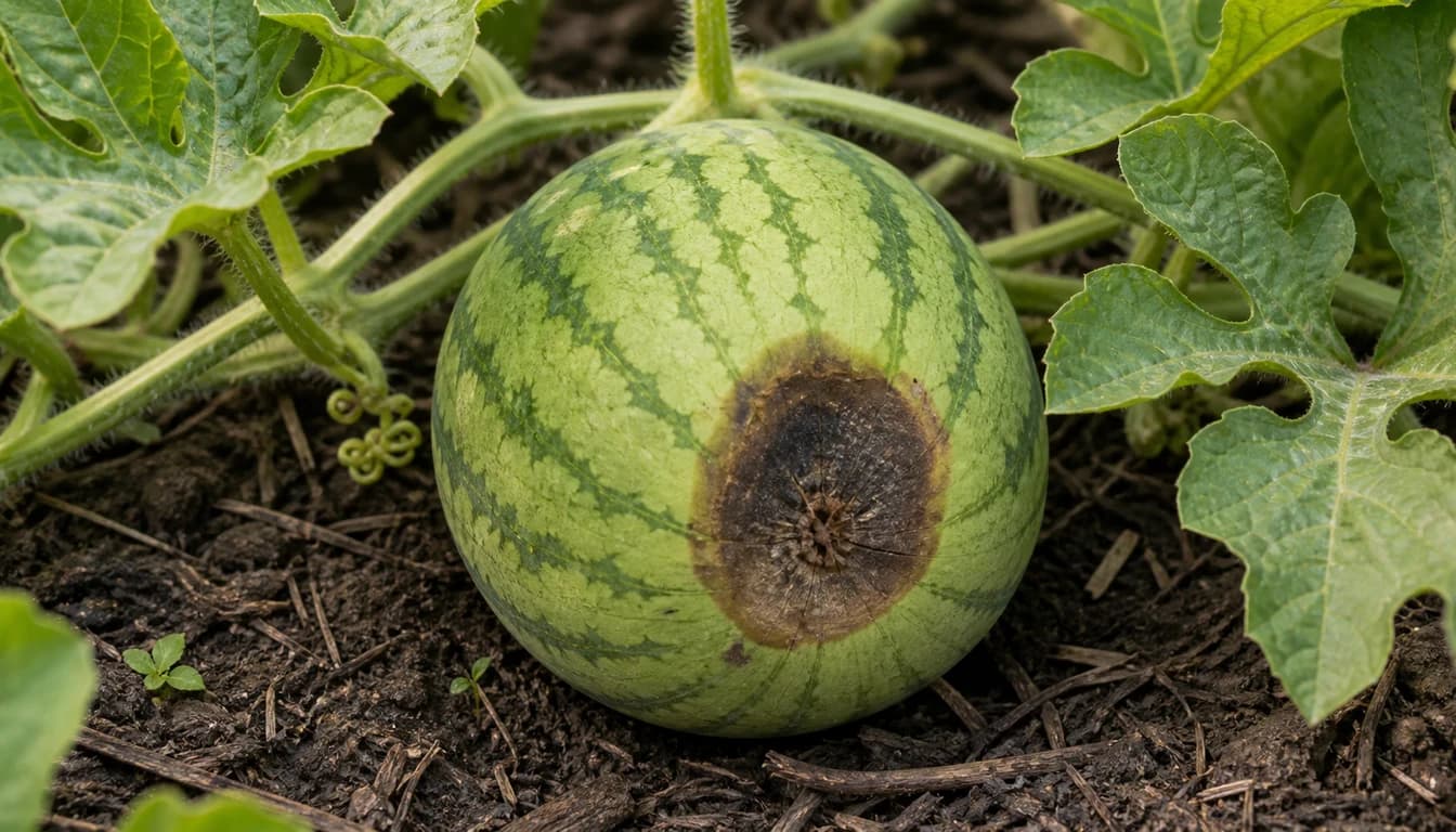 Small watermelon with a dark sunken blossom end rot patch resting on garden soil