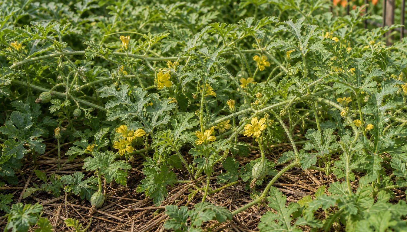 Watermelon vines with many yellow flowers and very few developing fruit