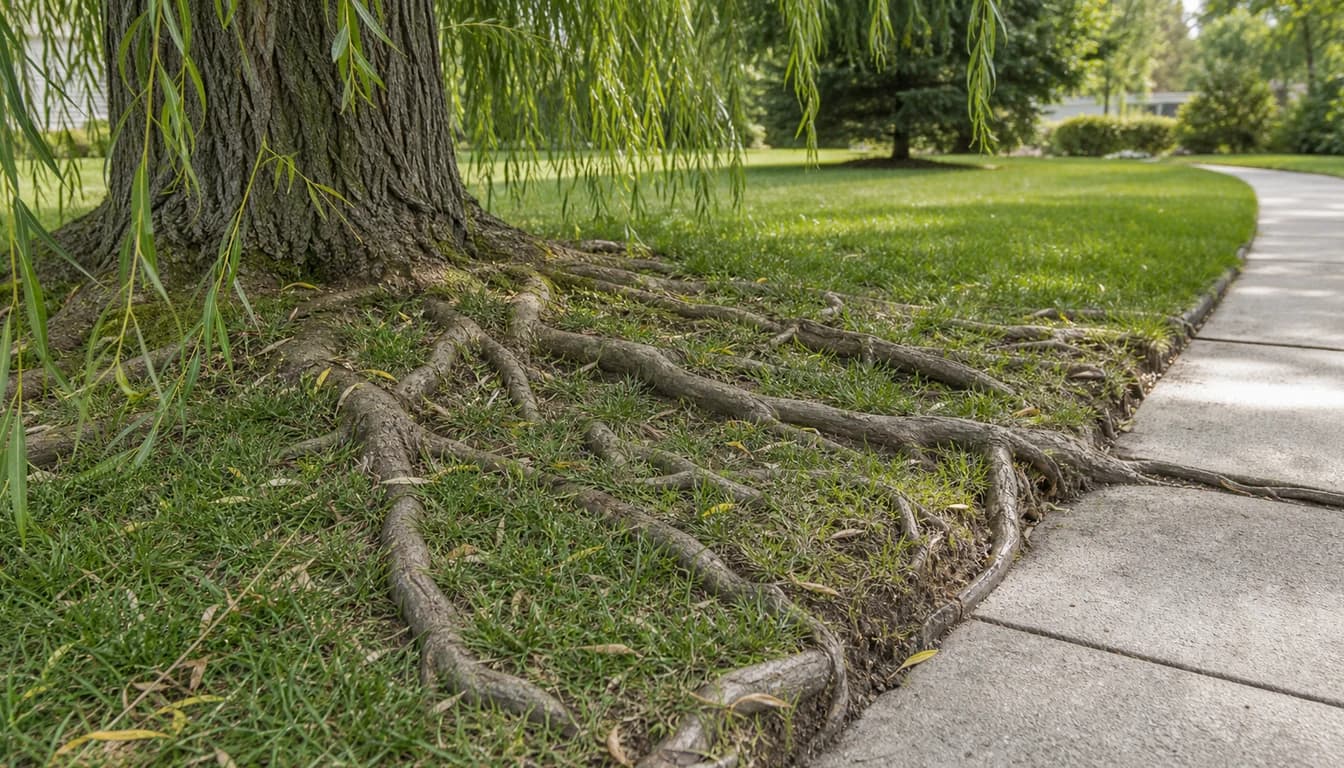 Weeping willow surface roots spreading through lawn near a walkway