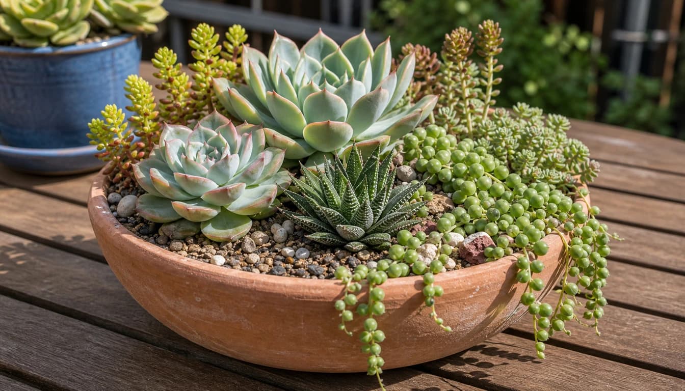shallow terracotta succulent container with echeveria, sedum, haworthia, and trailing string of pearls