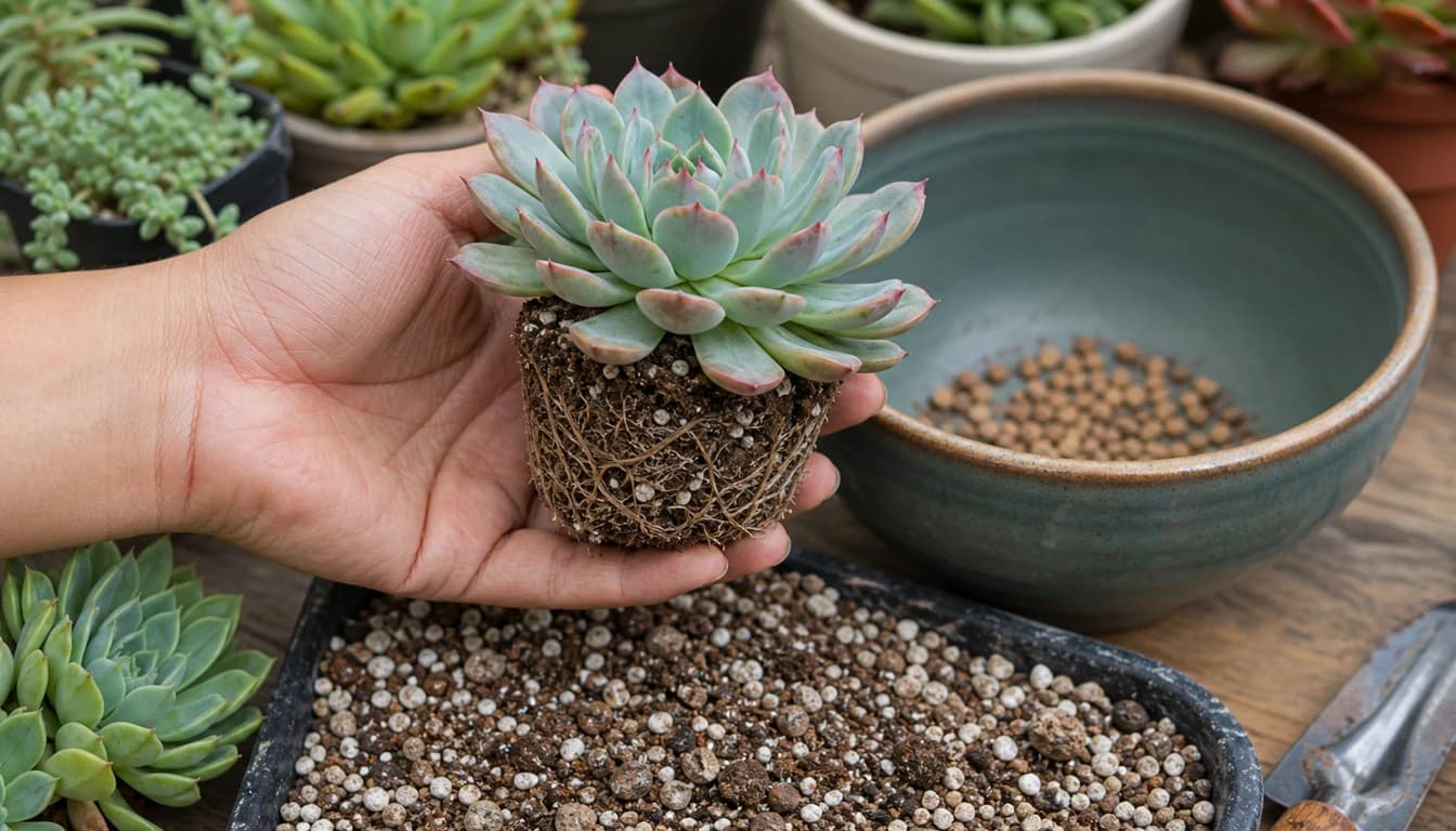 healthy echeveria roots and rosette held above gritty succulent mix