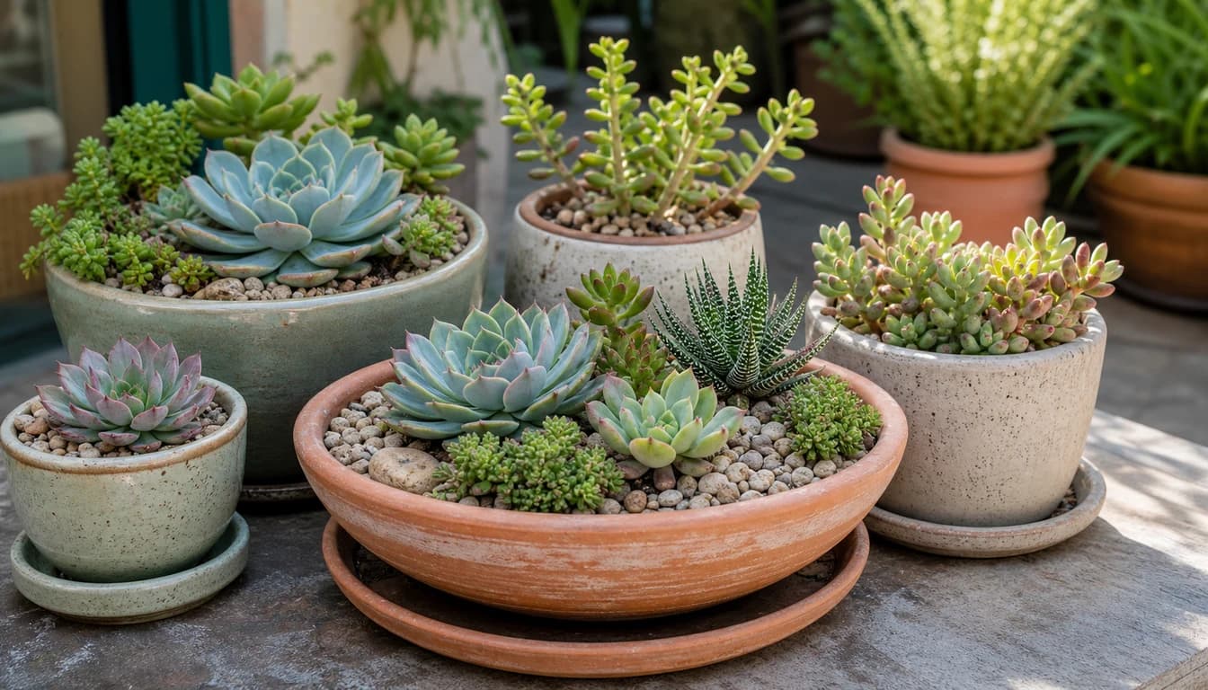 Succulent container garden with rosettes, sedum, jade stems, and gravel topdressing