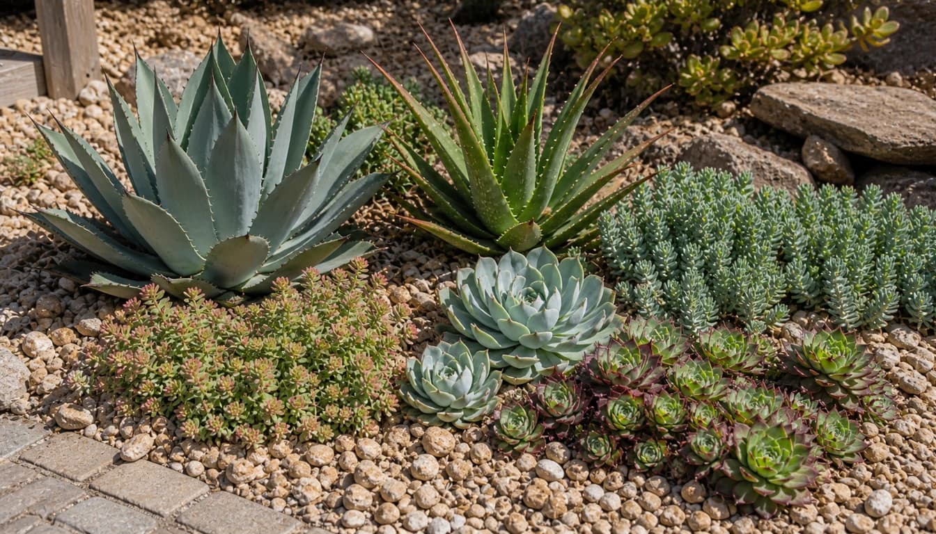low-water succulent bed with agave, aloe, echeveria, sedum, and hens-and-chicks