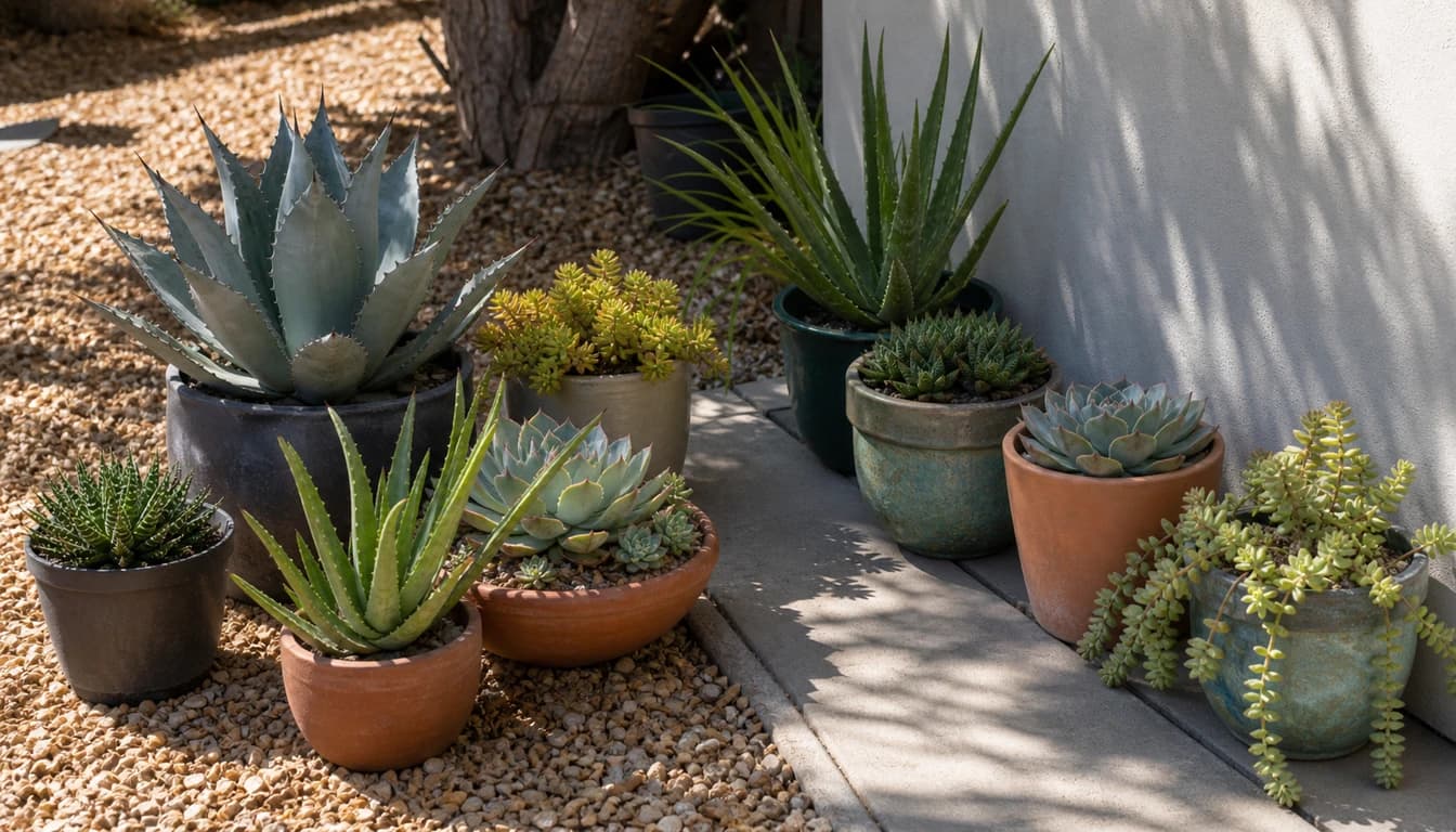 potted succulents arranged by full sun and bright shade conditions on a dry patio