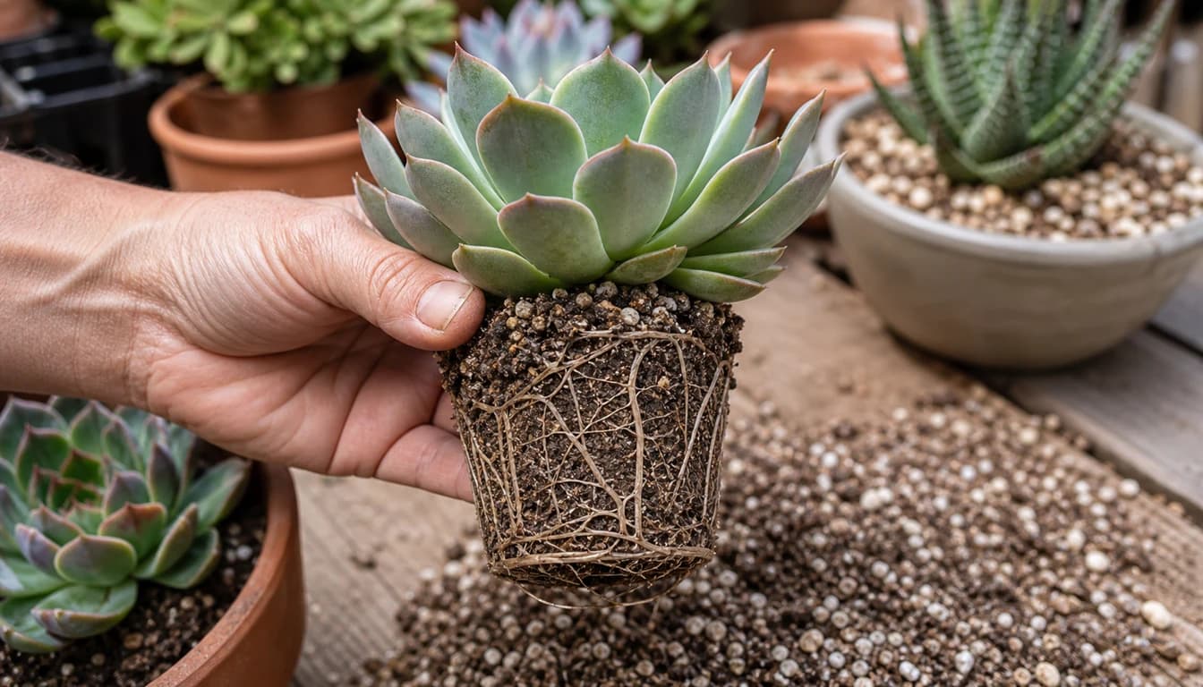 healthy succulent roots and firm leaves held above gritty potting mix