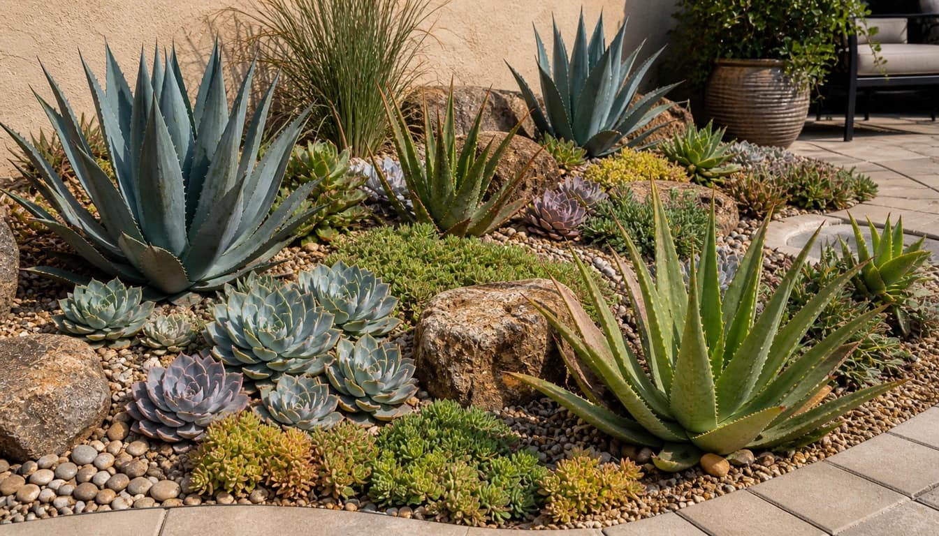 drought-tolerant succulent layout with agave, aloe, echeveria, and sedum in gravel mulch