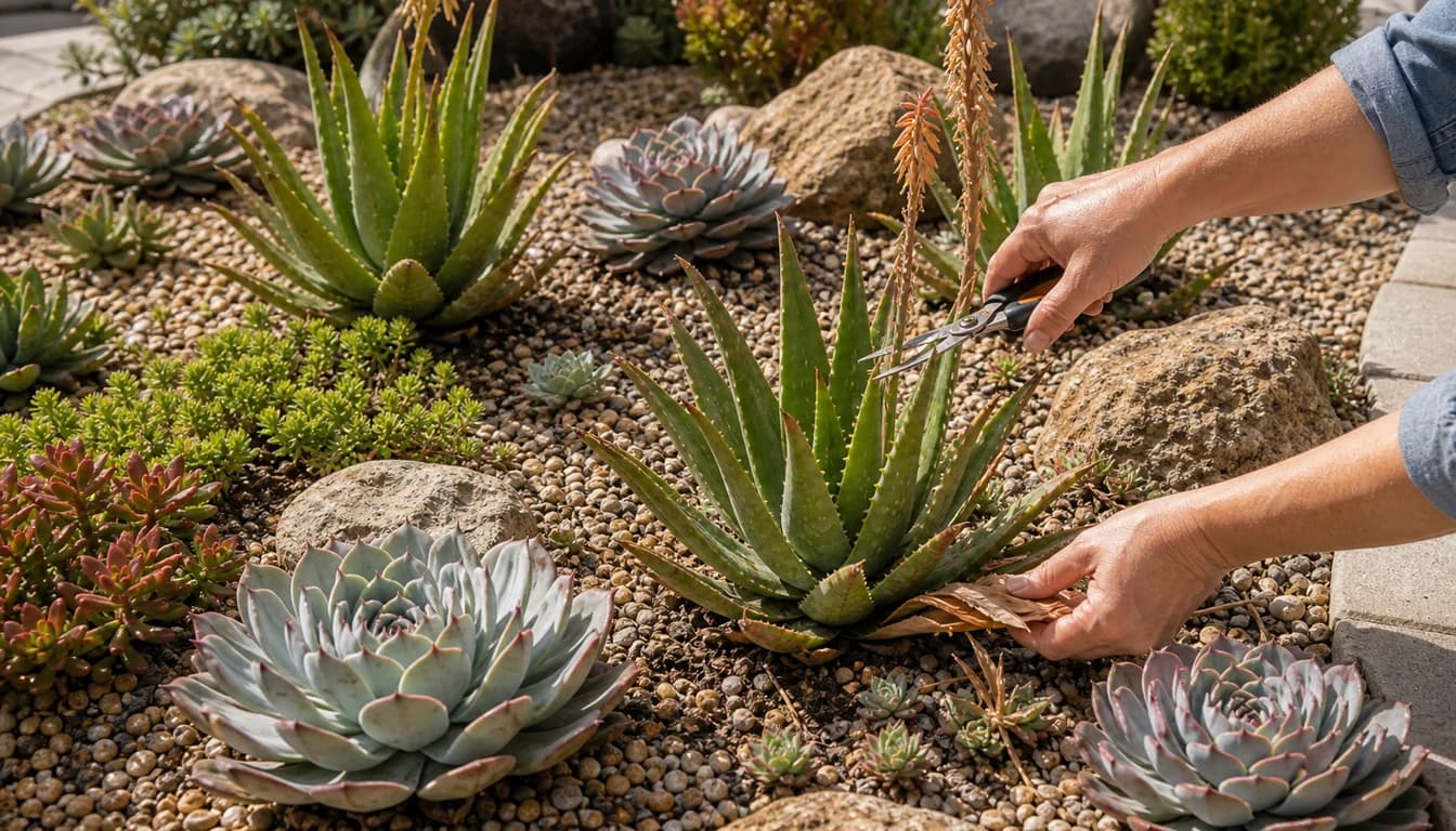 dried leaves and spent flower stalks being removed from low-water succulents