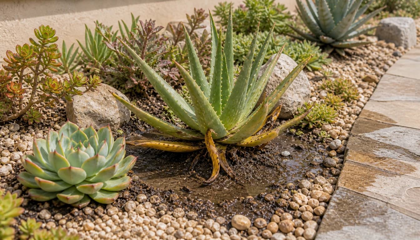 low-water succulents with yellowing lower leaves in wet compacted soil