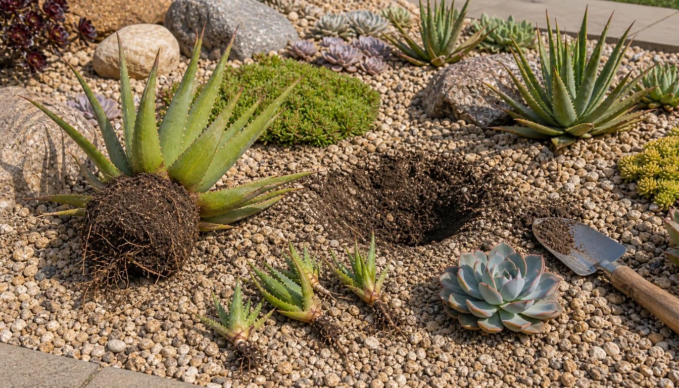 open gap in a gravel succulent bed with offsets and a replacement rosette nearby