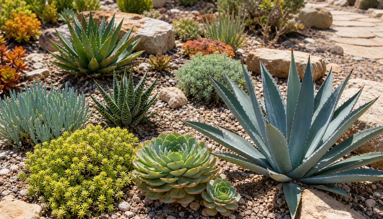 Low water succulents with agave, rosettes, sedum, gravel, and dry soil