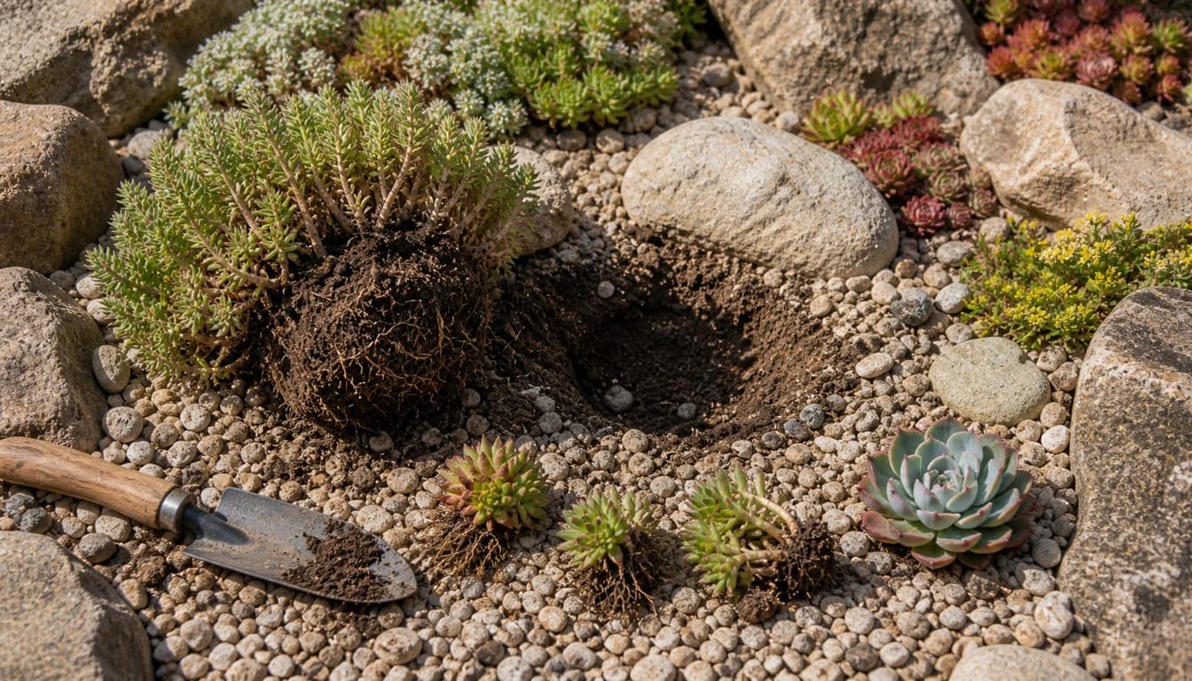 open rock garden planting gap with sedum divisions and a replacement succulent rosette nearby