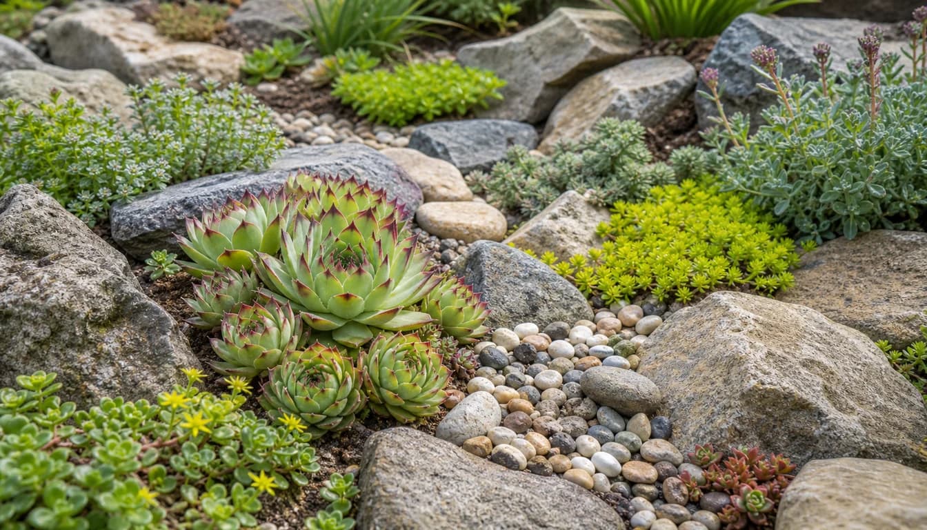 Hardy succulents growing among rocks and gravel in a sunny rock garden