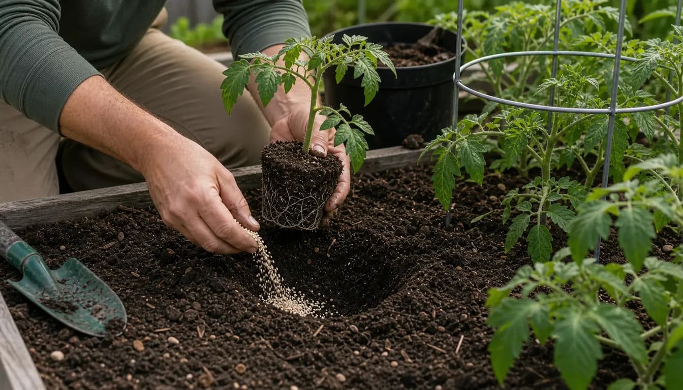 gardener transplanting tomato seedling into garden bed with fertilizer