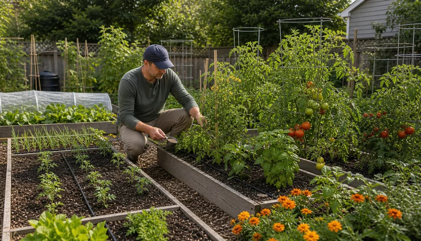 outdoor tomato plants at different growth stages in summer garden