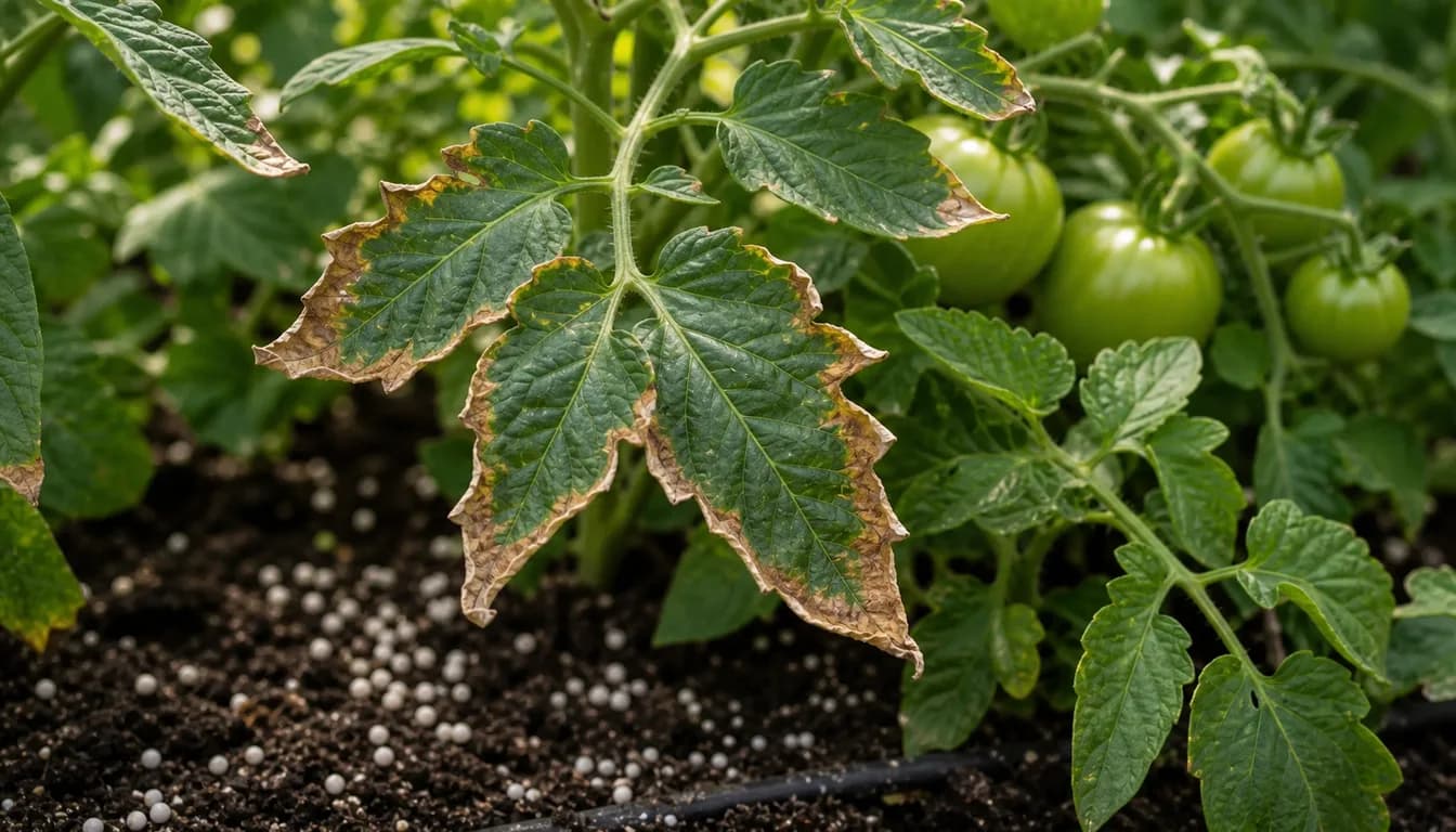 closeup of tomato leaves showing fertilizer burn on edges