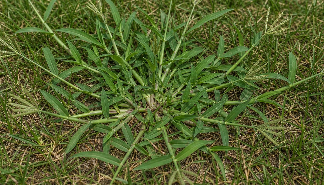 crabgrass mat with finger-like seed heads in a home lawn