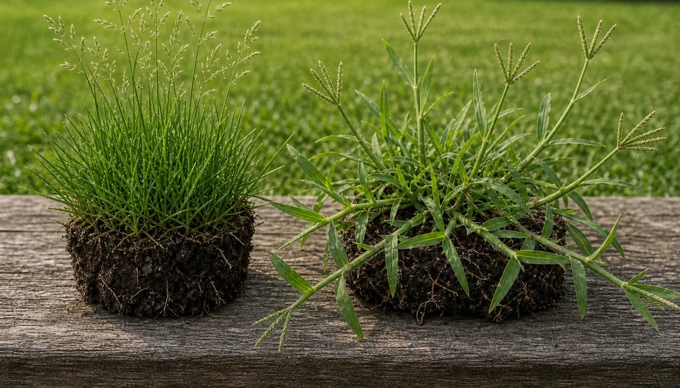 side by side photos of winter annual bluegrass and summer crabgrass in lawn