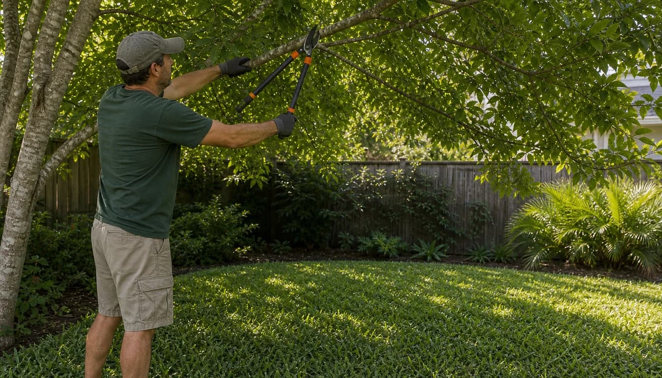 homeowner pruning low tree branches over st augustine grass