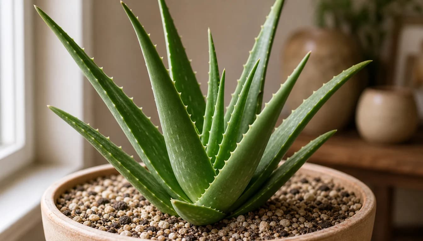 Close view of Aloe Vera pups growing beside the parent rosette in gritty soil