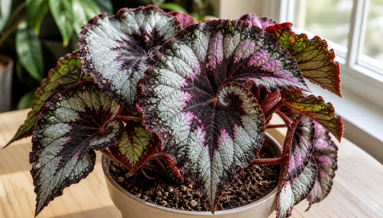 Close view of Begonia rex spiral leaves showing silver burgundy and green texture
