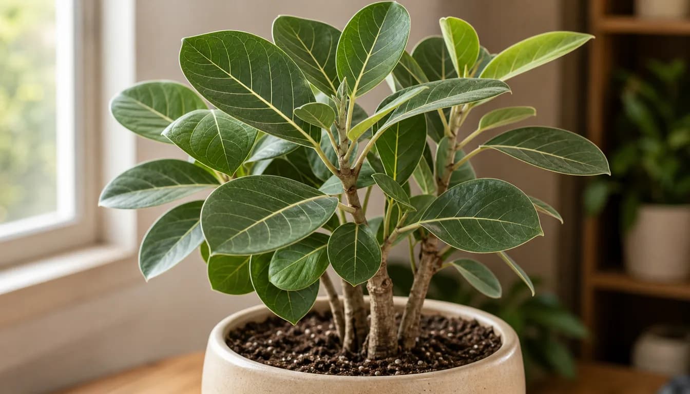 Ficus Audrey growing indoors with visible leaves and potting mix.