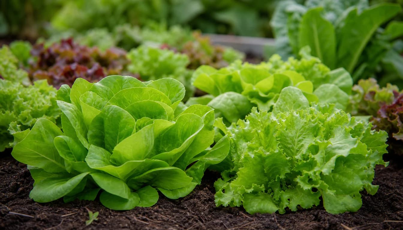 Loose leaf lettuce growing in a shallow rosette in dark garden soil