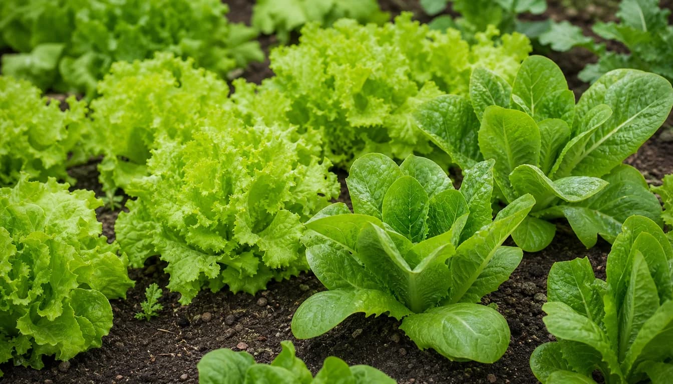 Mixed lettuce leaves ready for cut-and-come-again harvest in a raised bed