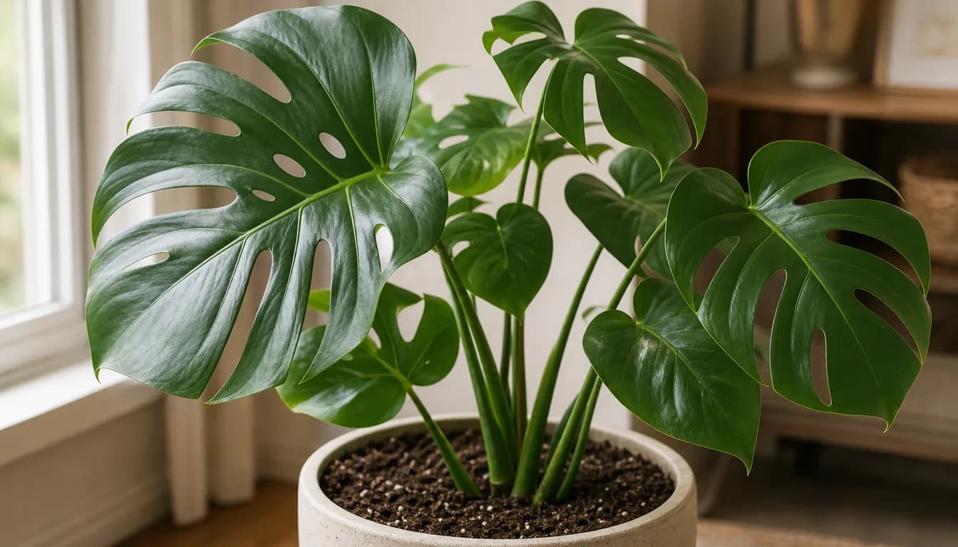 Close view of Monstera Deliciosa fenestrated leaf and climbing stem node