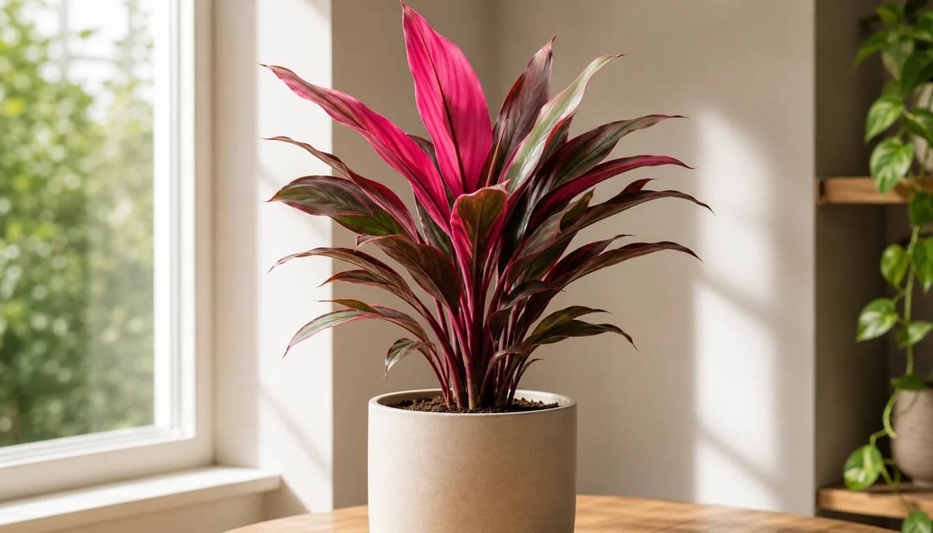 Ti Plant with burgundy and pink leaves growing upright indoors