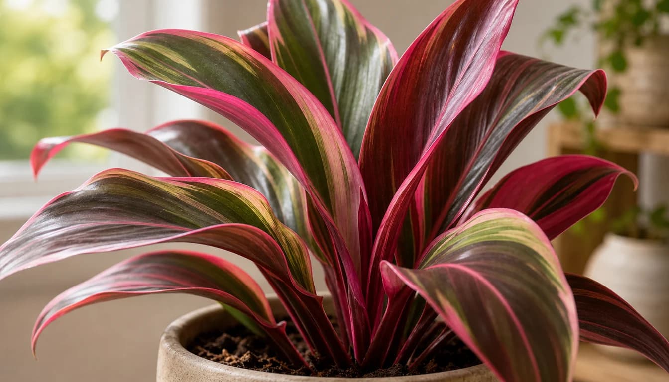 Close view of Ti Plant colorful leaves and upright cane growth