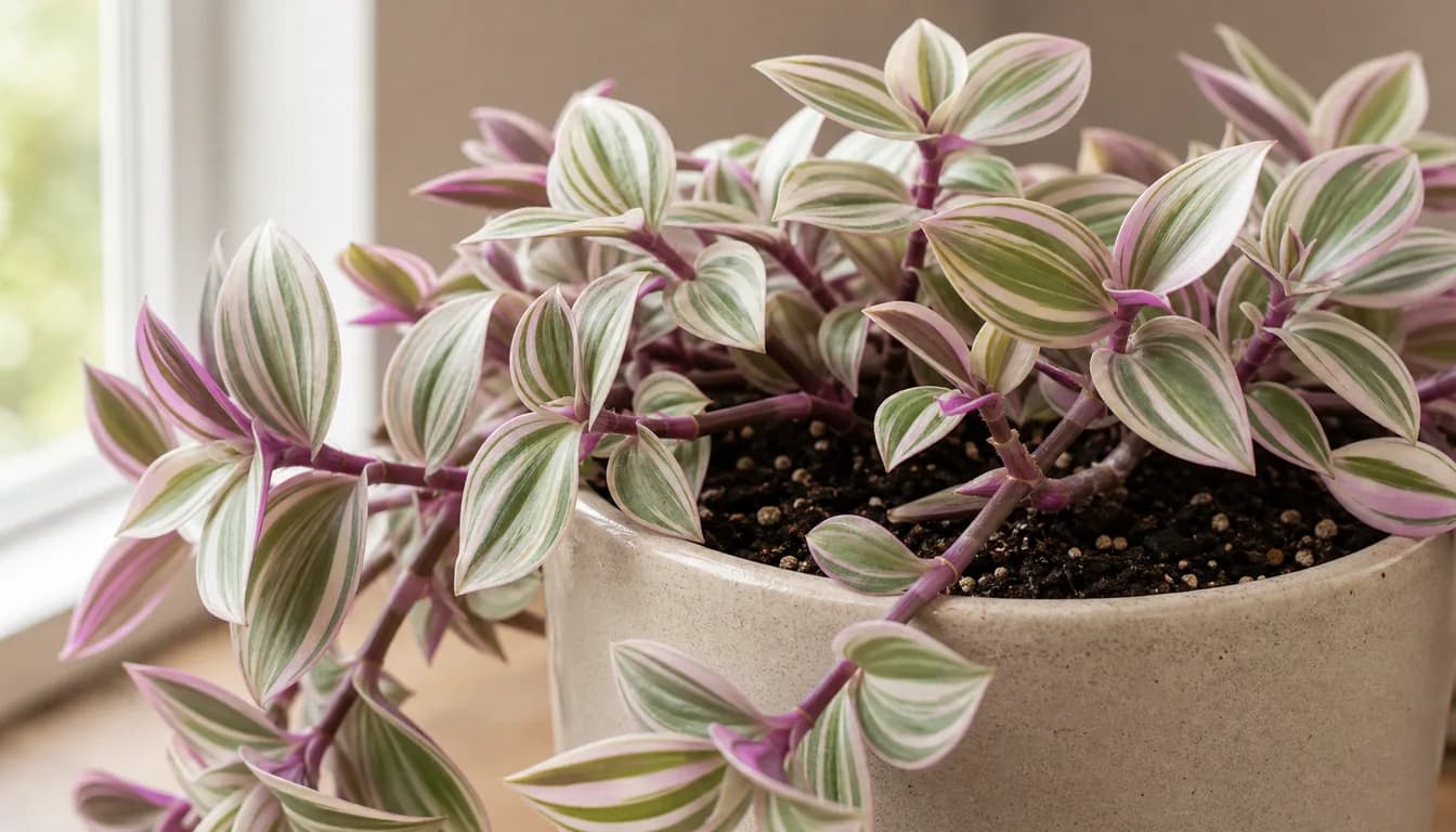 Tradescantia Nanouk growing indoors with visible leaves and potting mix.