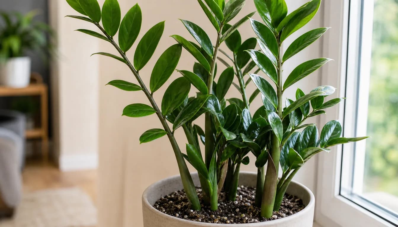 ZZ Plant stems and glossy leaflets showing upright clumping growth