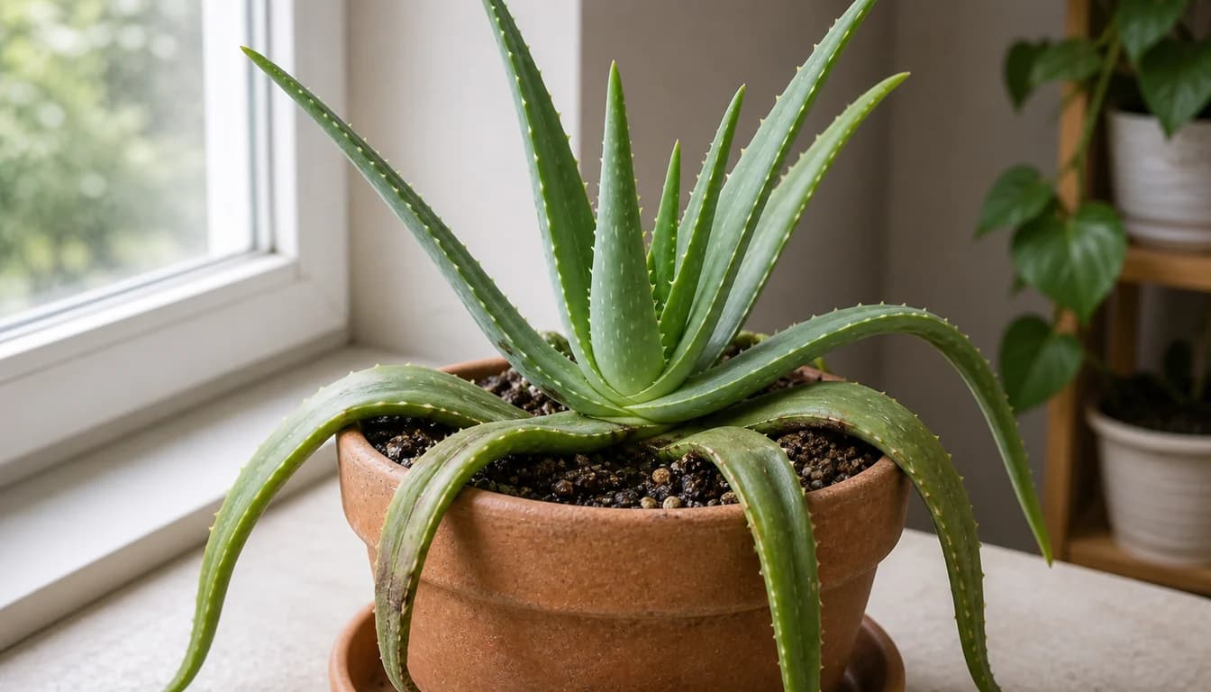 Drooping Aloe vera in a terracotta pot near a bright window with outer leaves flopping over damp-looking succulent mix.