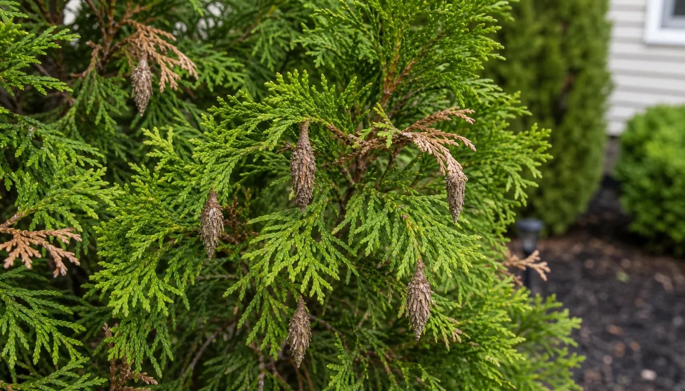 Close arborvitae sprays with several hanging bagworm cases and small patches of brown thinning foliage.