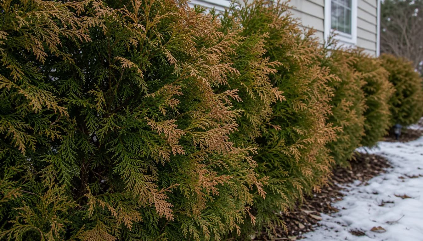 Arborvitae hedge with flat evergreen sprays showing tan-brown winter burn on exposed outer tips while inner foliage stays green beside patches of old snow.