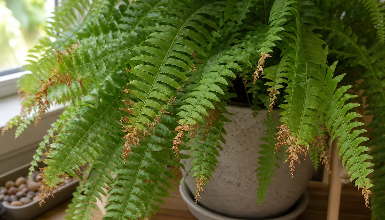 Potted Boston fern with green arching fronds showing dry brown tips on several leaflets near a softly lit window.