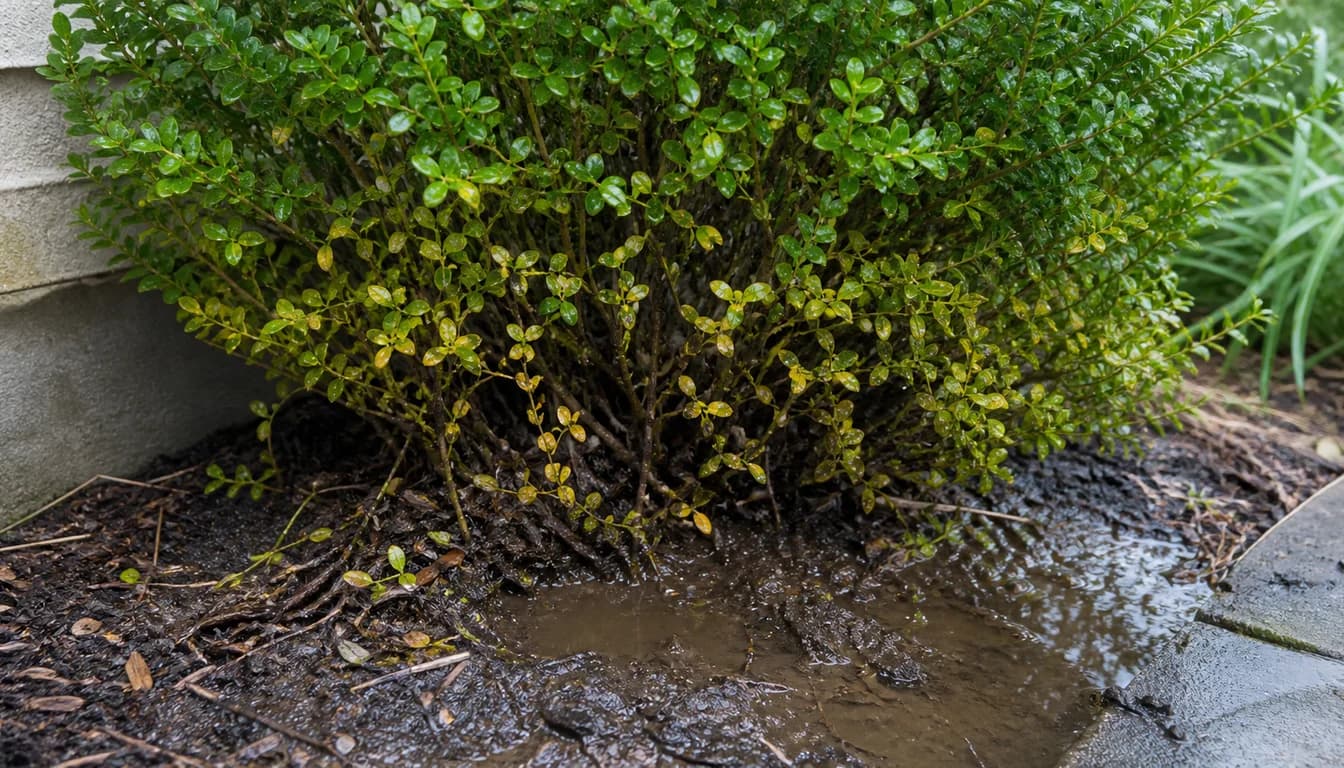 Boxwood shrub with yellowing lower branches and sparse dieback above dark waterlogged soil near the crown.