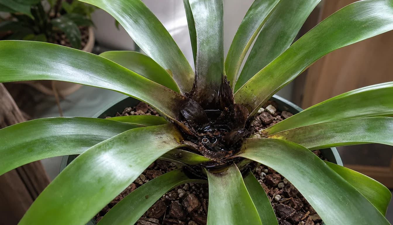 Potted bromeliad with a dark wet central cup and soft inner leaves while outer green leaves remain firm.