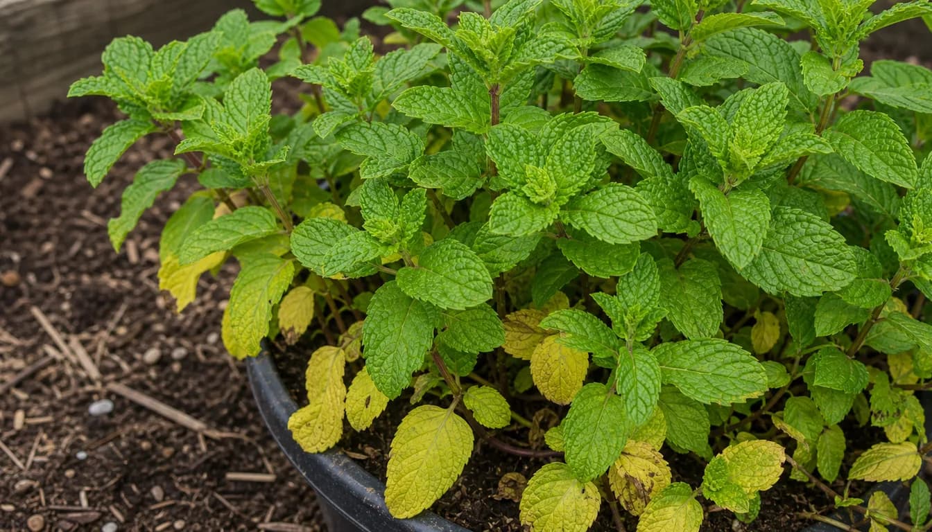 Mint plant in a pot with yellow lower leaves and healthy green new growth above the soil.