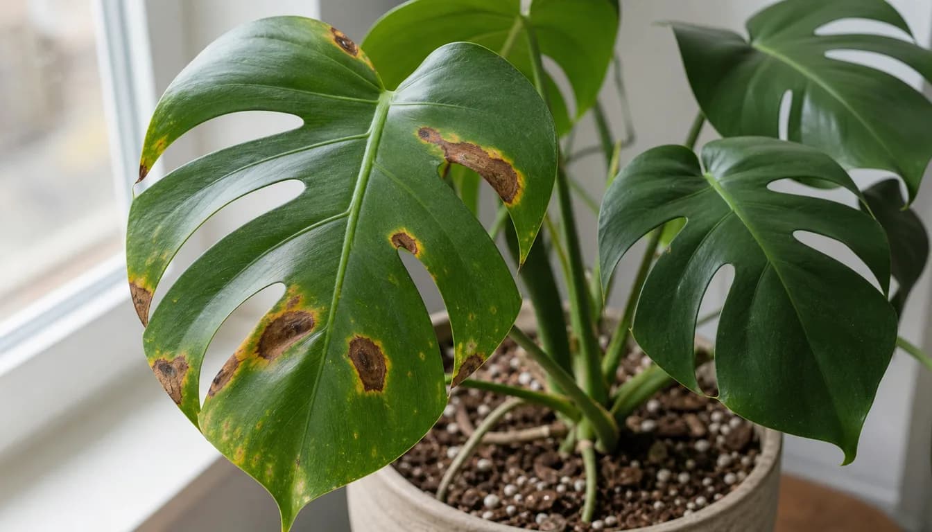 Monstera Deliciosa leaf with brown spots and yellow halos near a window above chunky potting mix.