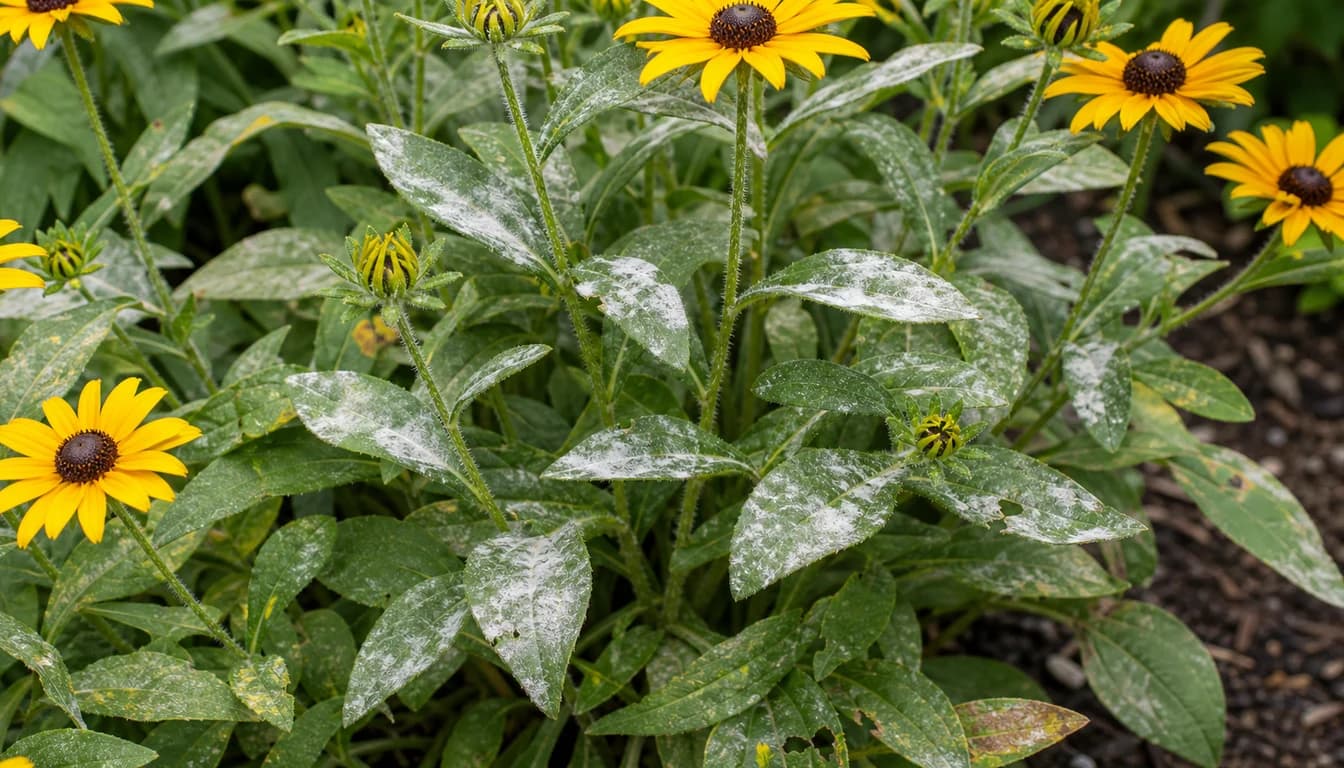Black-eyed Susan leaves with white powdery mildew and yellow flowers nearby