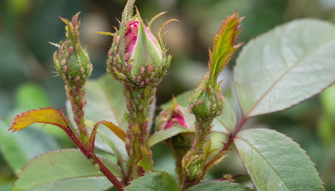Aphids clustered on a tender rose shoot and flower bud