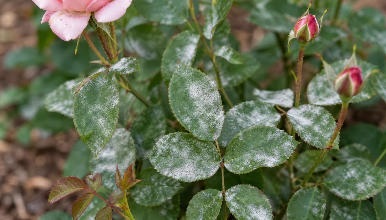Rose leaves and buds with white powdery mildew patches on the leaf surfaces
