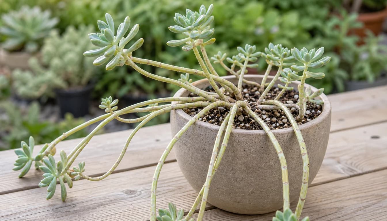Sedum plant with stretched leaning stems and sparse leaves at the tips
