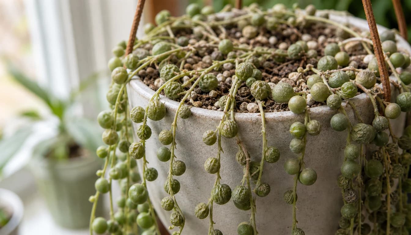 String of Pearls plant with wrinkled shriveled beads on trailing stems