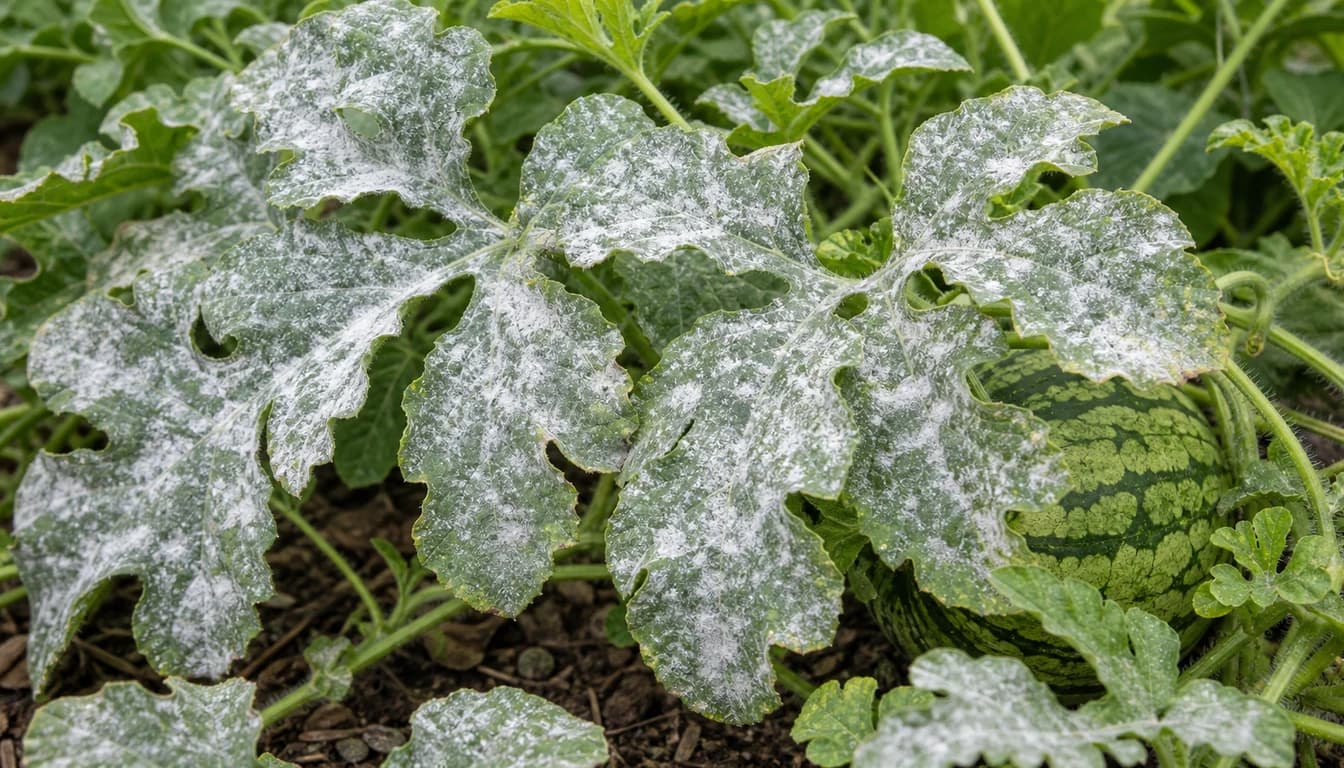 Watermelon vine leaves with white powdery mildew patches and fruit nearby