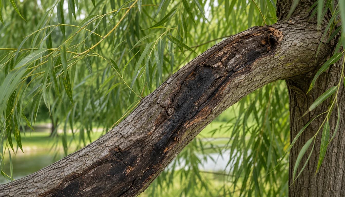 Weeping willow bark with dark sunken canker patches on a branch