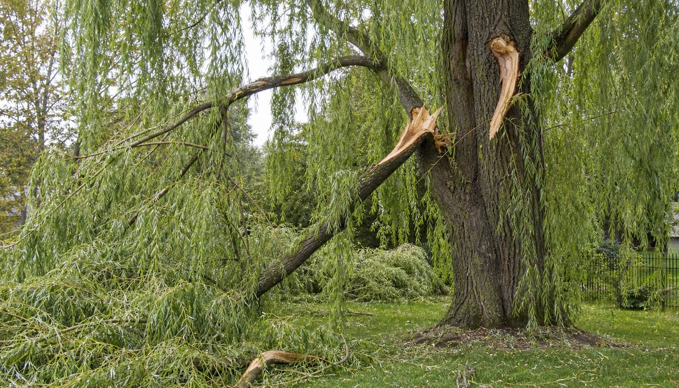 Weeping willow with broken hanging branches after storm damage