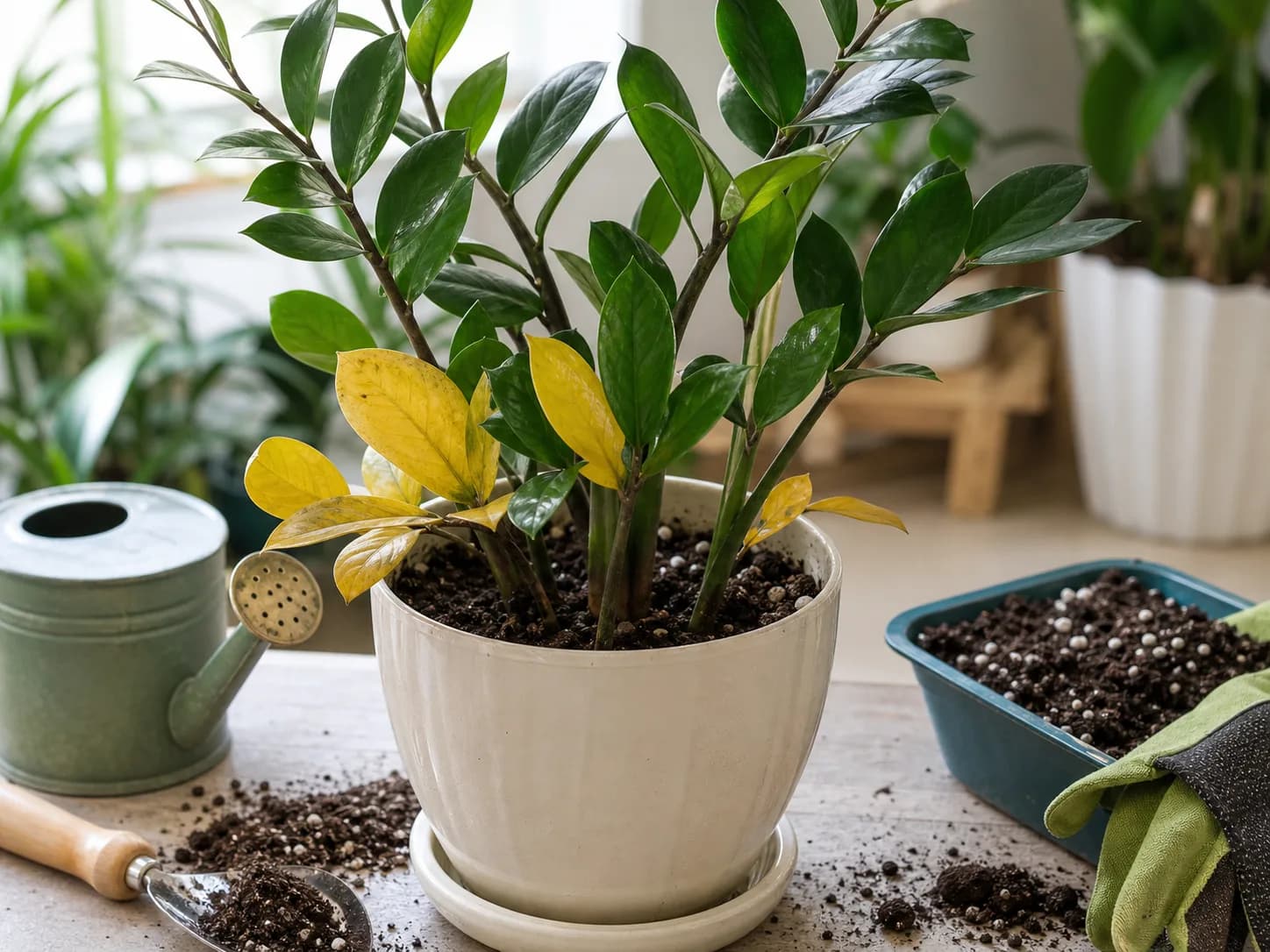 ZZ Plant showing yellow leaves symptoms