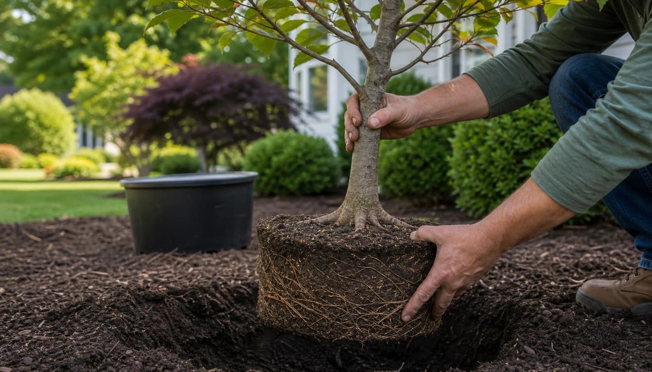young ornamental tree root flare and root ball checked before planting